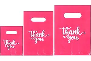 Heran 200PCS Thank You Bags with Handle Pink Retail Bags for Small Business, 3 Sizes Plastic Grocery Merchandise Sale Bag for Clothes Boutique Gift, Reusable Goodie Bag Bulk for Store Party Favor