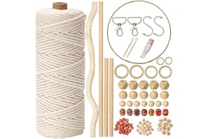 HANCHENG Set da 120 macramè per principianti con istruzioni, filato macramè, 3 mm x 100 m, con portachiavi, 100 perline di legno, 4 bastoncini di legno, 6 anelli di metallo, sacchetti regalo, ecc., set