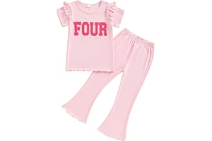MAHUAOYIXI Baby Girl 2Pcs Birthday Outfits Short Sleeve Letter Embroidery Tops + Flare Pants Set Toddler Girls Clothes Girls Birthday Clothing Set
