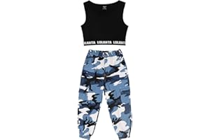 LOLANTA 2pcs Girls Hip Hop Street Dance Solo Clothes Set Crop Tank Top+Camouflage Jogger Pants, 6-15 Years