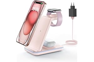 GEEKERA Estacion de Carga para Apple, Cargador Inalambrico 3 en 1 para iPhone 16/15/14/13/12/11/Pro MAX, Base Cargador para Apple Watch 10/9/8/7/6/5/4/3/2, Carregador sem fios para AirPods 4~2-Rosa
