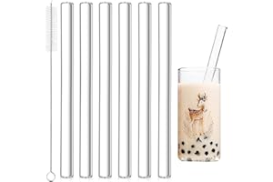 CHARFIA Paille en Verre réutilisables, 6 pièces 14mm Droit Pailles en verre Transparentes et 1 brosses de Nettoyage, paille bubble tea pour cocktail, jus de fruits, gin