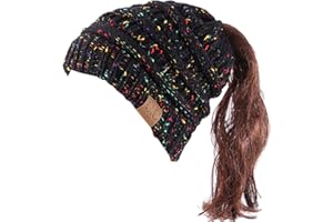 DURINM Mujer Gorros de Punto con Agujero para Coleta Otoño Invierno Beanie Sombrero Invierno Suave Cálido Elástico Ponytail Beanie Hat para Mujer