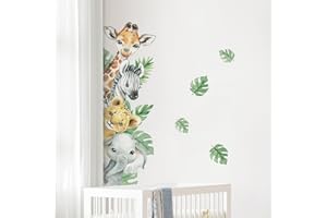 Tanlaby Animales de la Jungla Pegatinas de Pared Animales de dibujos animados Adhesivos Vinilos Jirafa Cebra Hojas Verdes Decorativos Pared para Bebé Habitación Cuarto de Jugar Guardería Infantiles