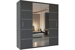 MN FURNITURE Wavy Sliding Mirror Door Wardrobe with Shelves, Hanging Rails Provide Plenty of Storage For Bedroom (Grey, 180cm)