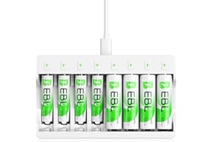 EBL 8 Slots LED Individual Battery Charger AA AAA NiMH with 5V 2A Fast Charging Function, including 4 x Rechargeable Battery AA and 4 x AAA Rechargeable Batteries (New Battery Packaging)
