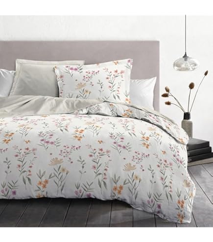 Housse De Couette 240x220 Cm Douceur D'Intérieur - Percale - Motif Feuillage Blanc, Bronze Et Gris - Avec 2 Taies