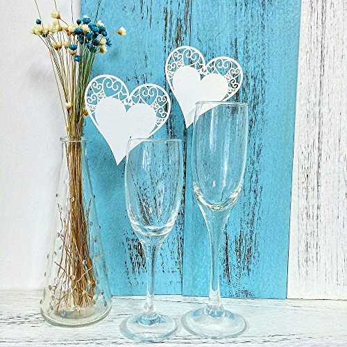 JZK® 50 x Weiß Herz ans Glas, Schimmer perle-weiss Platzkarten Tischkarten Namenskarten Glas Karte Glasanhänger Weinglas Cup Champagnerglas Deko Tischdeko Geschenk Gastgeschenk für Hochzeitsfeier Geburtstage Taufe Party Festival etc.