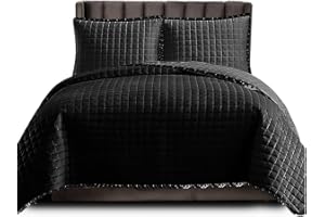 PHP Luxury Quilted Bedspread Bed Throw Warm Embossed Box Pattern Quilt Coverlet Bedspread with Slik Border Bedding Set with Pillow Shams (Super King, Black)