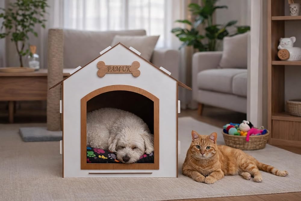 GOBYPET Ahşap Dekoratif Kedi ve Köpek Evi ve Minderi, Köpek Kulübesi, MDF materyal (beyaz kahverengi, standart)