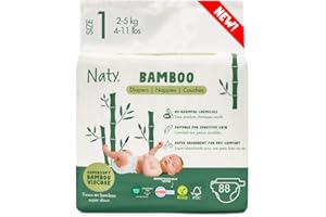 ‎NATY Naty Pieluchy z wiskozy bambusowej – jedwabiście miękka, roślinnego pochodzenia, dermatologicznie testowana dla wrażliwej skóry, superchłonna (Rozmiar 1, 88 szt.)
