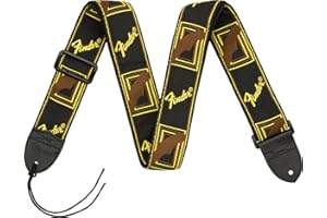 Fender Tracolla per Chitarra Monogrammata, Larghezza 2 Pollici Regolabile, Nero Giallo Marrone, Logo Intessuto, Retro in Nylon Confortevole, Lunghezza 36-58 Pollici