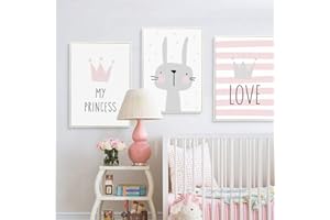 Nordic Ideas – Lote de 3 carteles de conejo citación amor princesa, cuadros corona niña rosa lienzo a3 dormitorio bebe niño regalos cumpleaños sin marco NPTWC004-M