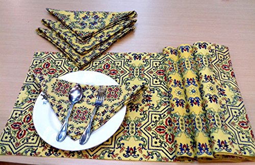 Miyanbazaz Textiles 100% Cotton 4 Place Mats & 4 Matching Napkins set (Pack of 8 Pc