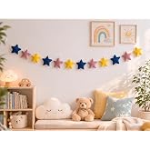 Peach Cuddle Velvet Fabric Star Bunting for Kids Room and Nursery - Wall Decoration Garland in Blue, Yellow, Purple (Pack of