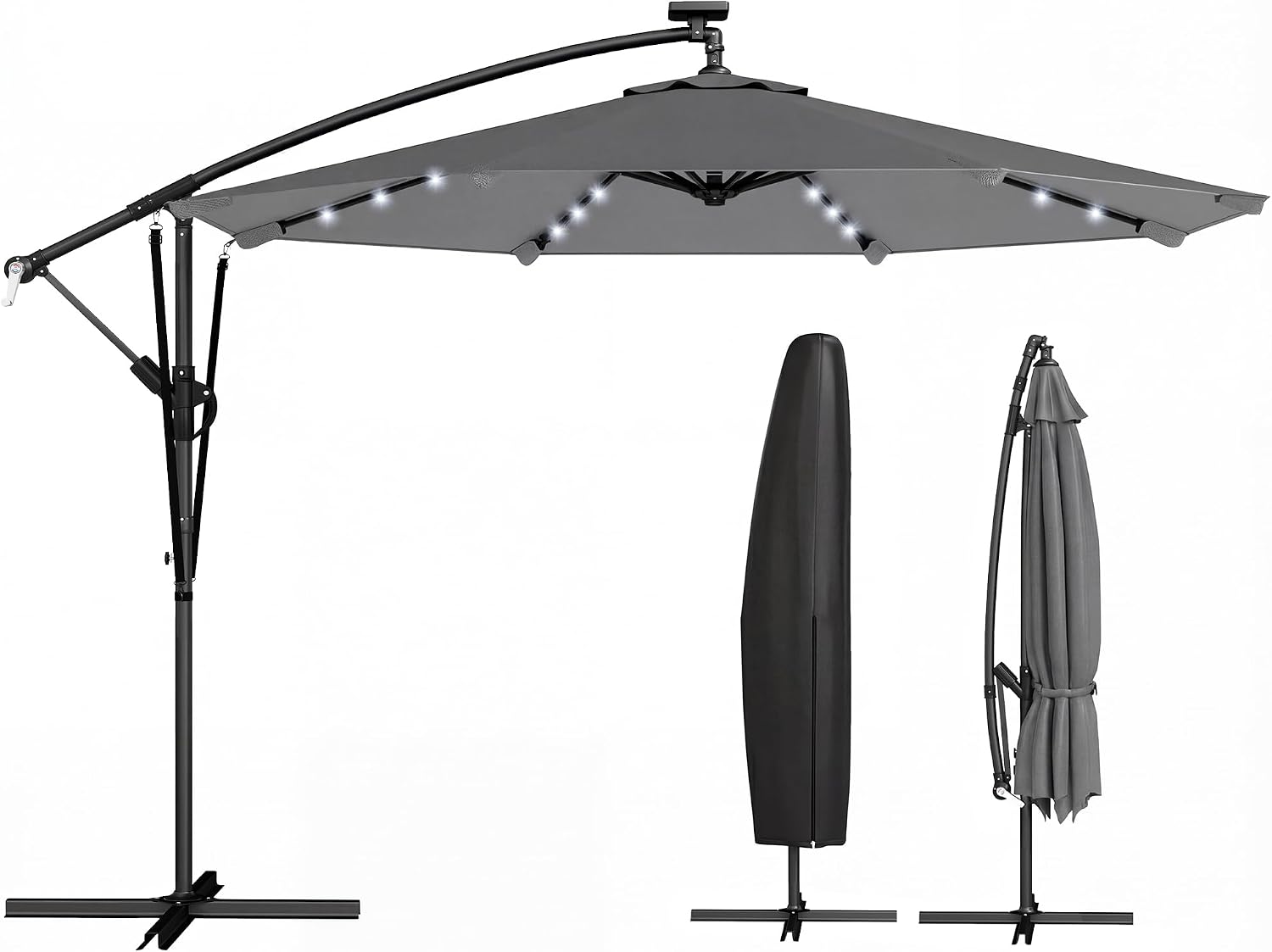 Outsunny Parasol Excéntrico con Luces LED Solares, Ø330 cm, Sombrilla de Jardín con Base Cruzada, Manivela, Funda Protectora y Cuerda de Viento, Anti-UV 50+, para Terraza, Patio