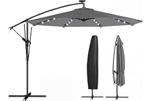 Outsunny Parasol Excéntrico con Luces LED Solares, Ø330 cm, Sombrilla de Jardín con Base Cruzada, Manivela, Funda Protectora y Cuerda de Viento, Anti-UV 50+, para Terraza, Patio