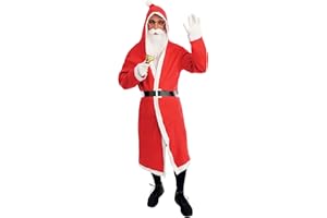 P'TIT CLOWN - 12073 - Costume Père Noël Adulte - Santa Claus - Manteau avec Capuche, Ceinture, Barbe - Déguisement Fêtes de Fin d'Année, Christmas - Polyester - Rouge - Taille Unique