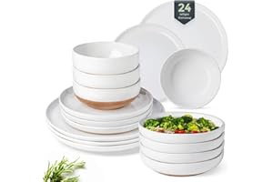 GBHOME 24-Piece Speckled Stoneware Dinner Set for 6 People – Modern Dinnerware Set,Hand-Painted and Unique Wavy Rim, Dishwasher and Microwave Safe, Plate and Bowl Set, White