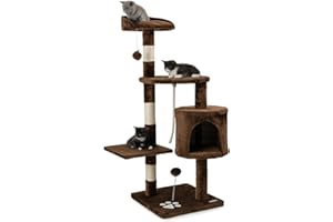 lionto Arbre à Chat avec 2 balles en Peluche & Corde de Jeu, Hauteur 112 cm, avec Corde en sisal & Peluche, Surface de Repos & Grotte, Support Mural Inclus, pour Petits & Grands Chats, Marron