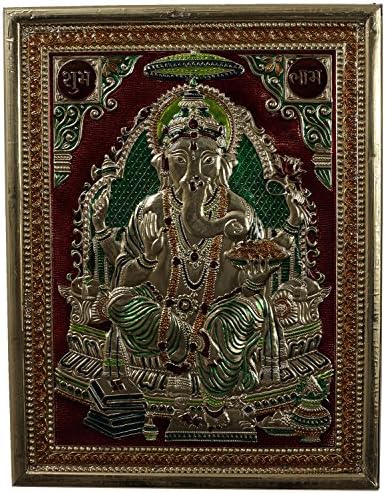 Kapasi Handicrafts Wall Hanging Photo Frame of Lord Ganesha–Provider of Good Fortune & Success, For Wisdom,Home Office Decor Spiritual Gift, Material: Brass Minakari, Size L : 10” X H: 13”