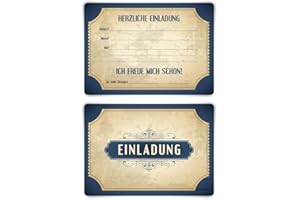 KARTENECKE.DE Einladungskarten Geburtstag Konfirmation Taufe Kommunion jeder Anlass 12 Stück Karten Set - Vintage Blau Vorausgefüllt