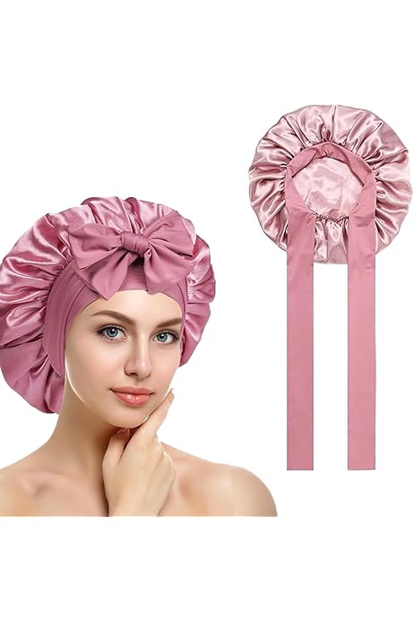 2 Cuffie Seta Per Capelli Notte - Bonnet Regolabile, Rosso Vino E Nero, Per Donna E Bambina - Foto 9