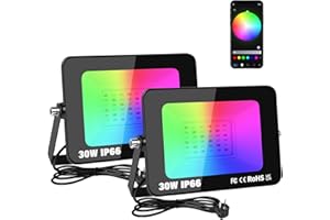 RIGIDON 2X 30W Foco Led RGB Exterior/Interior, 3000LM APP Control Remoto Proyector Led, Minutero Multicolor RGBW Regulable Luz de pared Para Jardín,Fiestas, Terraza, IP66 Impermeable Floodlight