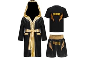 Oyolan Enfant Garçon Short de Boxe et T-Shirt Peignoir Robe de Boxe à Capuche Ensemble Combat Muay Thai MMA Kick Boxing