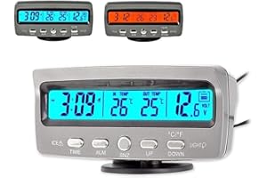 TOTMOX Termómetro digital inteligente multifuncional para coche, termómetro para exteriores, Fahrenheit Celsius, pantalla LCD dual, retroiluminación LED, función de reloj/voltaje (luz azul-naranja)
