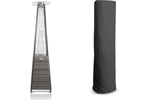 BU-KO Calentador de patio a gas para exteriores | Jardín, Terraza, Barbacoa | Estufa Propano Piramidal - 13kw | Ruedas, Regulador y Manguera | Chimenea de mimbre gris para GLP y cubierta impermeable…