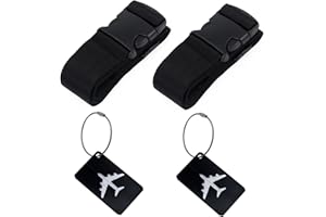 PEIQIUP Koffergurt (2 Stück), inkl 2 Namensschildern, rutschfest Einstellbare Kofferbänder mit, Für Schnell erkennen Gepäck Reisetasche Koffer, Schwarz