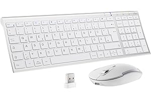 iClever Zestaw bezprzewodowej klawiatury z myszką, z możliwością ponownego ładowania, cicha myszka, zestaw klawiatury do PC/laptopa/Smart TV, układ QWERTZ, biały
