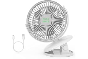 Minthouz Tischventilator mit Clip, 4000mAh 4 Geschwindigkeiten USB Mini Ventilator mit Robuster Klemme, Maximal 27 Stunden, 720° Drehung, Tragbarer Ventilator für Kinderwagen/Schlafzimmer/Zuhause/Büro