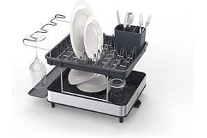 Joseph Joseph Excel- Égouttoir à vaisselle à 2 niveaux pour comptoir de cuisine, égouttoir à vaisselle avec bec d'égouttage, égouttoir à couverts mobile, porte-verre à vin- Acier inoxydable