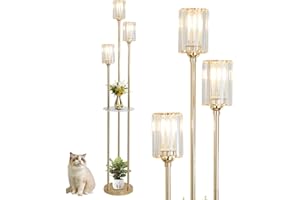 Rayofly Lampadaire doré moderne avec étagère, 3 ampoules vintage avec abat-jour en verre et interrupteur à pied, cristal, pour chambre à coucher, bureau