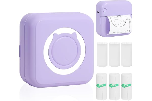 Mini imprimante Thermique Portable sans Fil Bluetooth avec 3 Rouleaux d'autocollants et 3 Rouleaux de Papier Thermique,Compatible avec Android/iOS,Imprimante de Poche pour Mémo,DIY,Photo,etc.(pourpre)