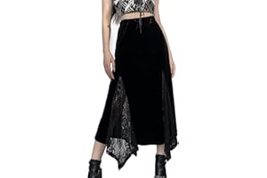 FDKLOOK Womens Gothic Skirt Velvet High Waist Patchwork Irregular Vintage Goth Clothes Punk Midi Lace Skirts