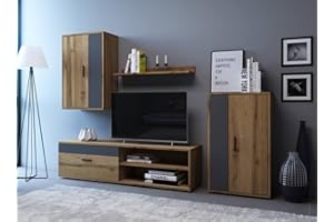 Home Heavenly® - Mueble salón Modular Bosco de 230 cm. Conjunto Completo Mueble TV + 2 vitrinas + Estante (Wotan-Gris)