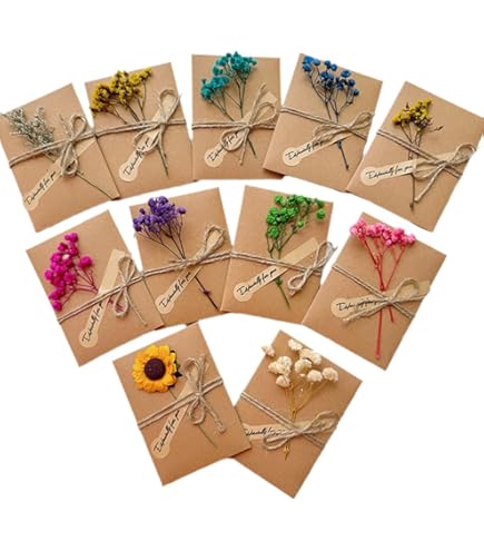 Wenskaart, 20 stuks wenskaarten, ansichtkaarten, enveloppen, retro kraftpapier, gedroogde bloemen, versierde ansichtkaarten, voor verschillende gelegenheden, felicitaties, bruiloft, Kerstmis