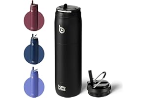 BOTTLEBOTTLE BOTTLE BOTTLE Insulated Water Bottle 1Litre with Straw and Lid for Sports and Gym Stainless Steel Metal Drink Thermos Flask for Hot Water with Handle (Black)