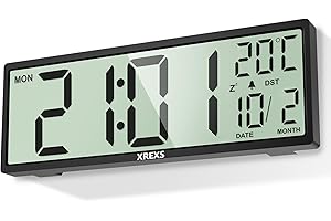 XREXS Orologio Digitale da Parete da 14,5 pollici, Valendario, Temperatura, Funzione DST, Gunzionamento a Batteria, per Vamera da Letto, Doggiorno, Sula, Ufficio (Nero)