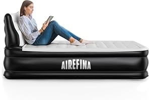 Airefina Double Airbed with Headboard, Inflatable Air Mattress with Built-in Pump, Comfortable Flocked Surface Blow Up Bed for Home, Camping &Guests, Fast &Easy Inflation/Deflation Airbed, 317kgs Max