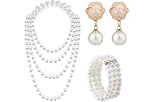 DUINIU 3 Piece Pearl Jewelry, Pearl Necklace, Bracelet, Earrings Set, Vintage Faux Pearls Accessories, Women's Fashion Earrings, Girl's Birthday Gift