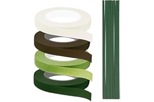 APKOL 4 Rouleau Floratape Fleuriste Vert Brun blanc+100 Pcs 30cm Tige de Fleuriste, Ruban Adhésif Floral,Scotch Fleuriste, Floral Tape Vert pour Enveloppement de Bouquets, Travaux Manuels Floraux