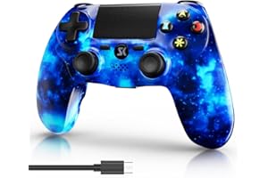 Boowen Wireless Controller for PS4, Blue Galaxy Style Dual Vibration High Performance Gaming Controller for PlayStation 4/Pro/Slim/PC with Audio Function, Mini LED Indicator, USB Cable