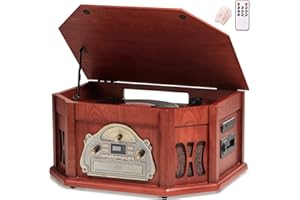 ORCC 10-in-1 Vintage Record Player, with Gift Card, Vinyl Turntable for 33/45/78 RPM, CD/USB/SD Play, Bluetooth & Remote Control, FM/AM Radio for Music Lovers, Mahogany
