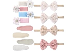LZKHEH Lot de 12 Bandeaux Élastiques pour Cheveux de Bébé Fille, Brodés & Imprimés avec Barrettes & Clips. Idéaux pour Nouveau-nés, Nourrissons et Tout-petits. Accessoires Adorables!