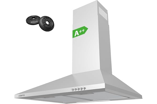 CIARRA CBCS6201 Campana Extractora 60cm 370m³/h 40W Clase A++- 3 Velocidades de Extracción - Evacuación al Exterior y Recirculación Interna por Filtro de Carbón CBCF002X2 - Acero Inoxidable