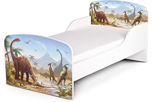 Leomark Moderne Lit d'enfant Toddler avec Matelas Couleur Blanc Motif: Dinosaures Chambre pour Les Enfants Meubles pour Enfants Confortable Fonctionnel Lit Simple Zone de Couchage 70/140 cm